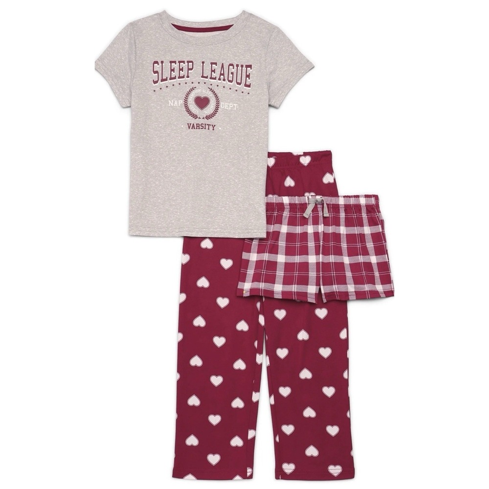 Wonder Nation-Girls-3 Piece Pajama‎ PJ-Set-Heart-Plaid-Spring-Fall-Medium (7-8)